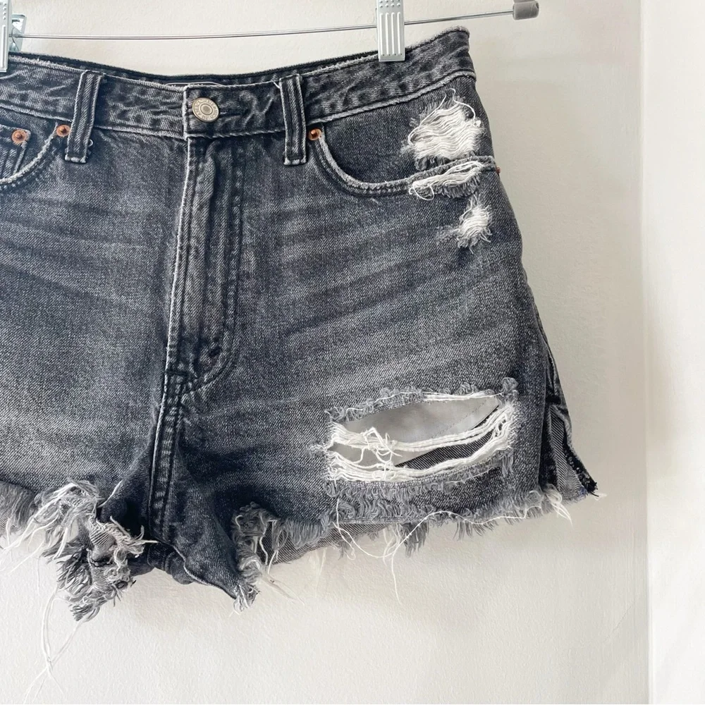 Abercrombie Black Denim Distressed Annie High Rise Shorts | 26 - Picture 6 of 8